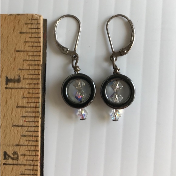 Vintage Handmade Hematite Circle Swarovski Crystal Sterling Silver Earrings - Picture 4 of 4